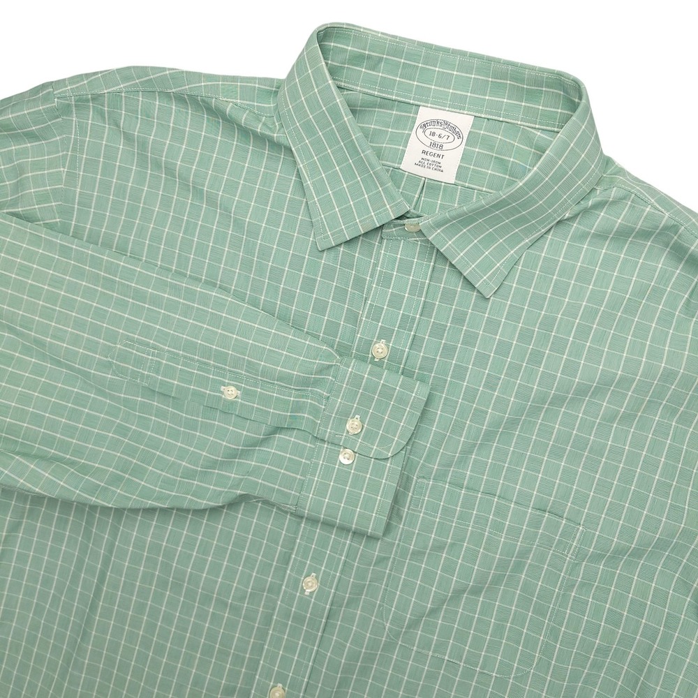 Brooks Brothers Dress Shirt Mens 18 6/7 Green Check Regent Non Iron Cotton